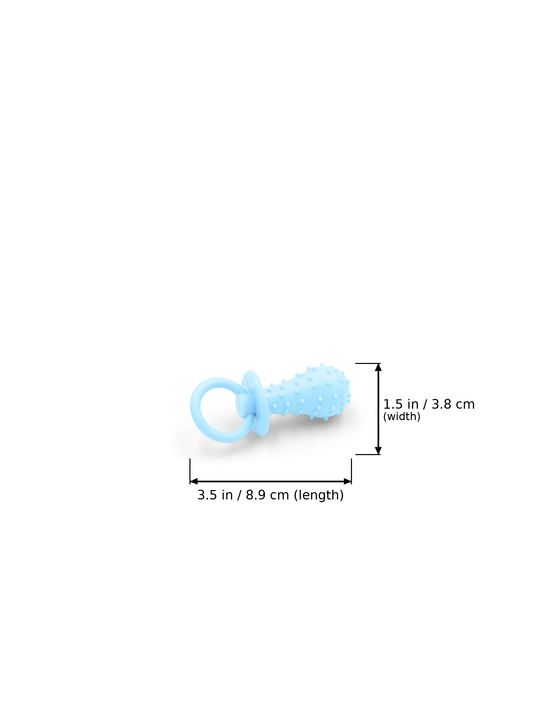 Light blue rubber pacifier dog toy with dimension overlay arrows showing a total length of 3.5 in (8.9 cm) and a width of 1.5 in (3.8 cm).