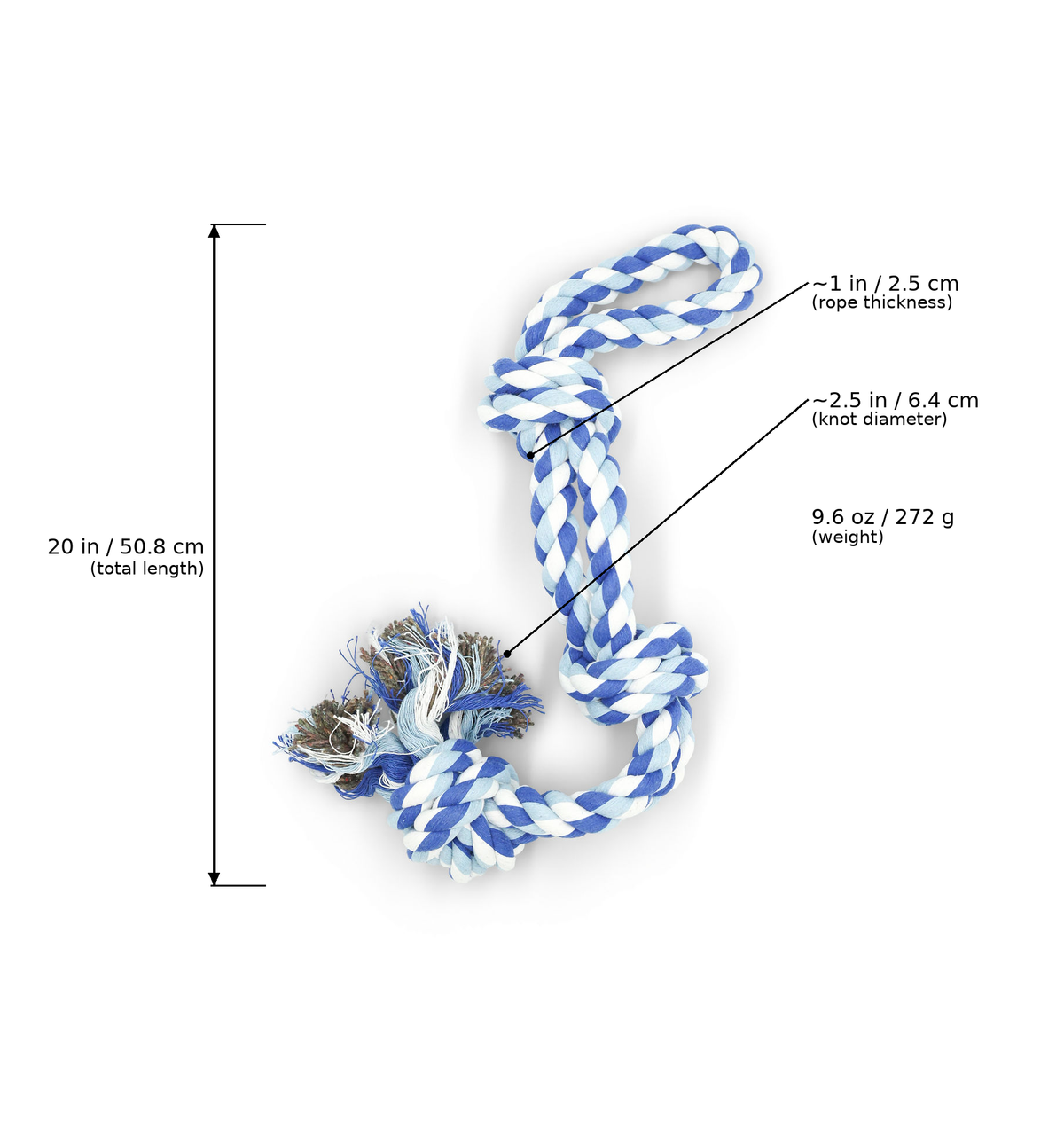 Blue and white braided rope dog toy with a frayed tail, shown on a white background with measurement callouts indicating total length of 20 in and rope thickness and knot diameter details.