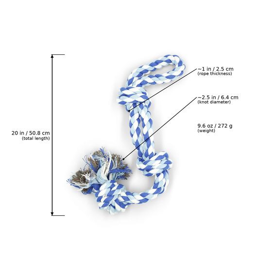 Blue and white braided rope dog toy with a frayed tail, shown on a white background with measurement callouts indicating total length of 20 in and rope thickness and knot diameter details.