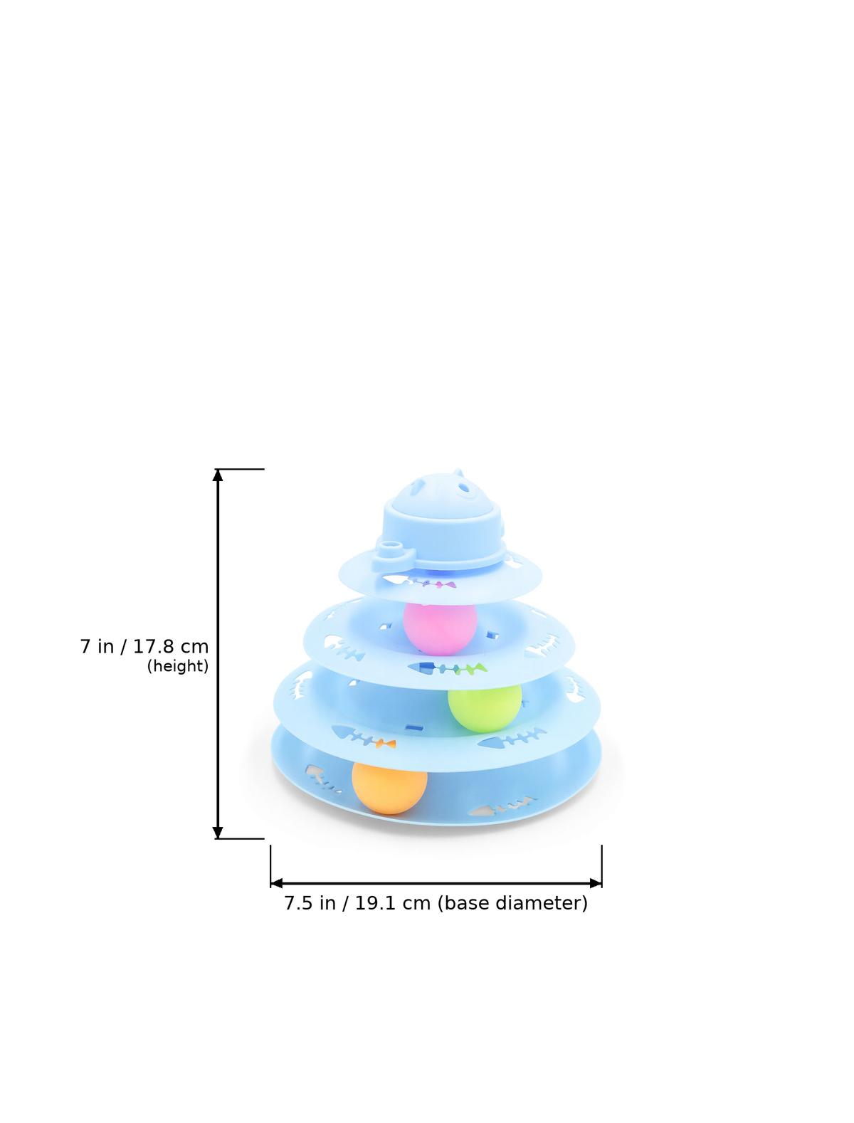 A light blue tiered baby toy with colorful balls and printed fish designs, shown with dimension lines indicating a height of 7 in (17.8 cm) and a base diameter of 7.