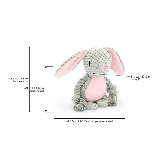 A crocheted bunny plush toy in light gray with a pink belly and inner ears, shown on a white background with measurement lines and text indicating body height, rope arm span, and weight.