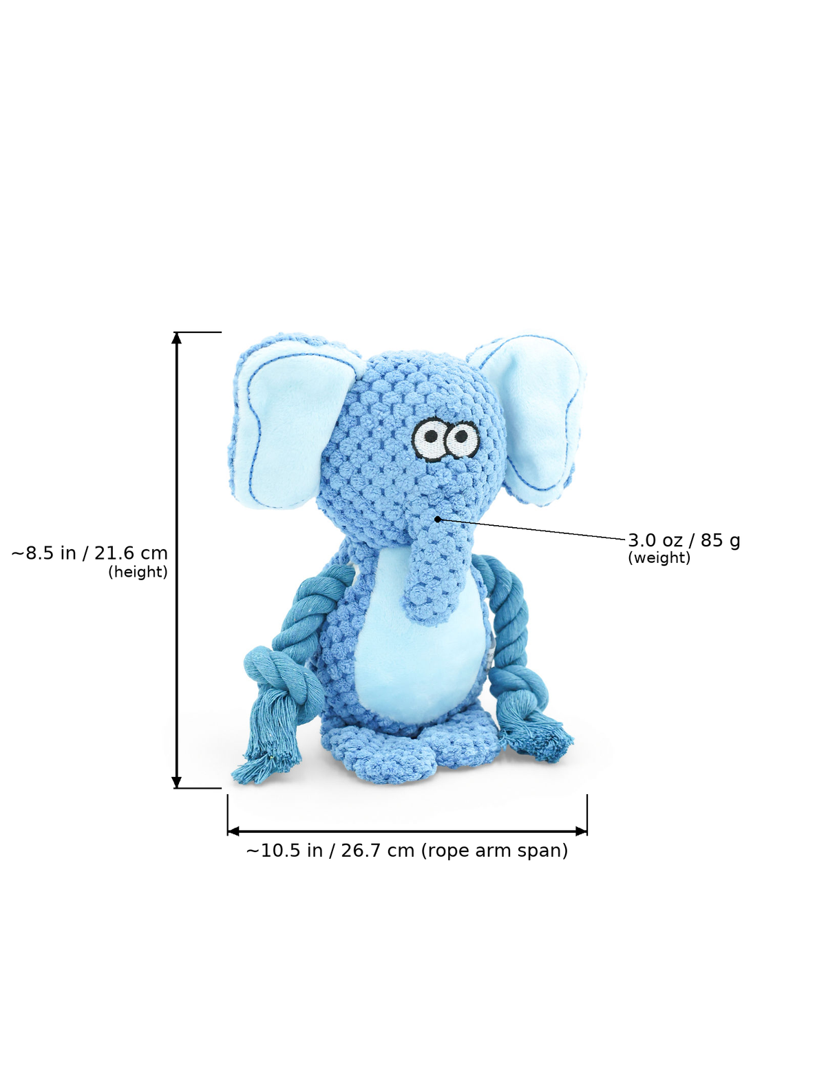 Front view of Echo the Elephant plush dog toy with measurement overlay arrows indicating height at ~8.5 in (21.6 cm), rope arm span width at ~10.5 in (26.7 cm), and weight at 3.0 oz (85 g).