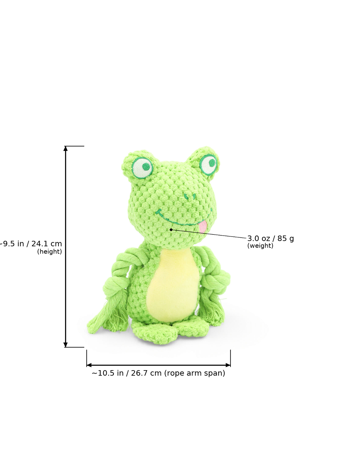 Front view of Mossy the Frog plush dog toy with measurement overlay arrows indicating height at ~9.5 in (24.1 cm), rope arm span width at ~10.5 in (26.7 cm), and weight at 3.0 oz (85 g).