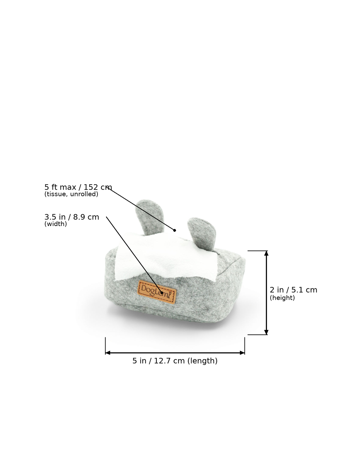 A gray plush tissue box cover with a white tissue and a small tan label, shown on a white background with measurement callouts indicating dimensions.
