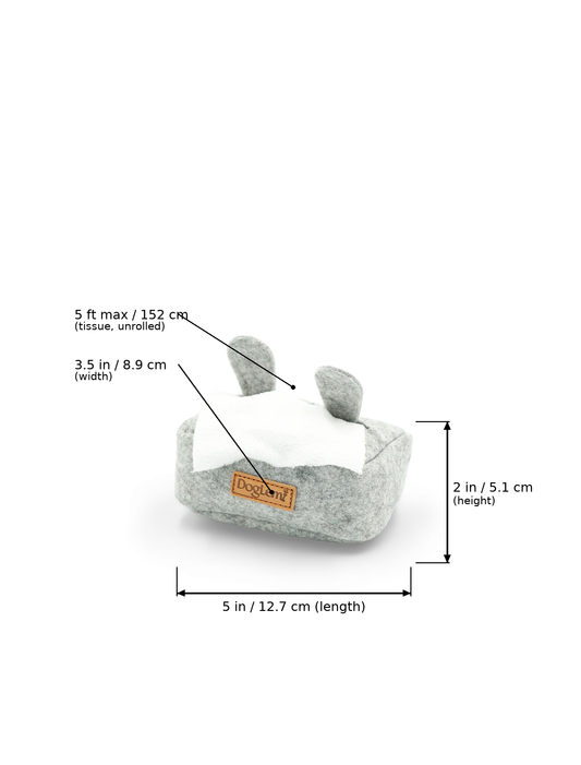 A gray plush tissue box cover with a white tissue and a small tan label, shown on a white background with measurement callouts indicating dimensions.