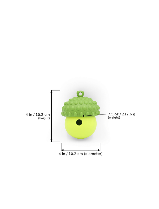 A small acorn-shaped product centered on a white background with measurement annotations showing 4 in / 10.2 cm height, 4 in / 10.