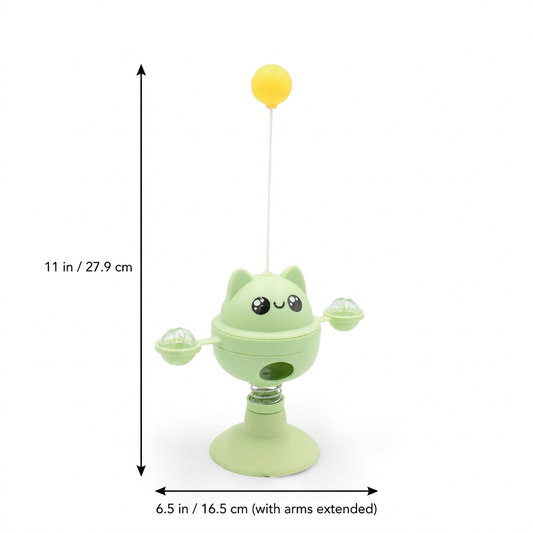 A light green cartoon cat-shaped toy with a yellow balloon on a stick, shown with dimension arrows and text indicating 11 in / 27.9 cm height and 6.