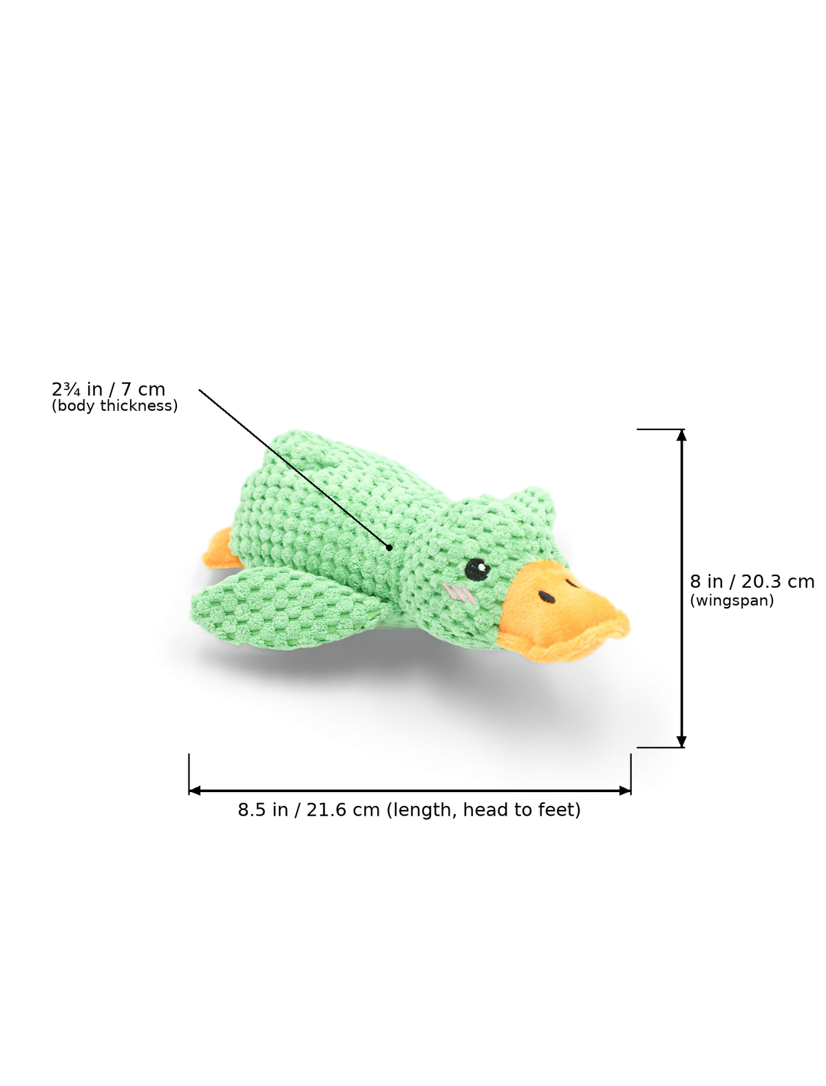 Side profile view of the BudgetPaws Mint Dew plush duck dog toy with measurement overlay arrows indicating length from head to feet at 8.5 in (21.6 cm), wingspan width at 8 in (20.3 cm), and body thickness at 2¾ in (7 cm).