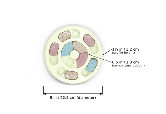 Top-down view of the BudgetPaws Round Slow Feed Puzzle Toy for Dogs in Budget Green with measurement overlay text indicating a diameter of 9 in (22.9 cm), a profile height of 1.25 in (3.2 cm), and a compartment depth of 0.5 in (1.3 cm).