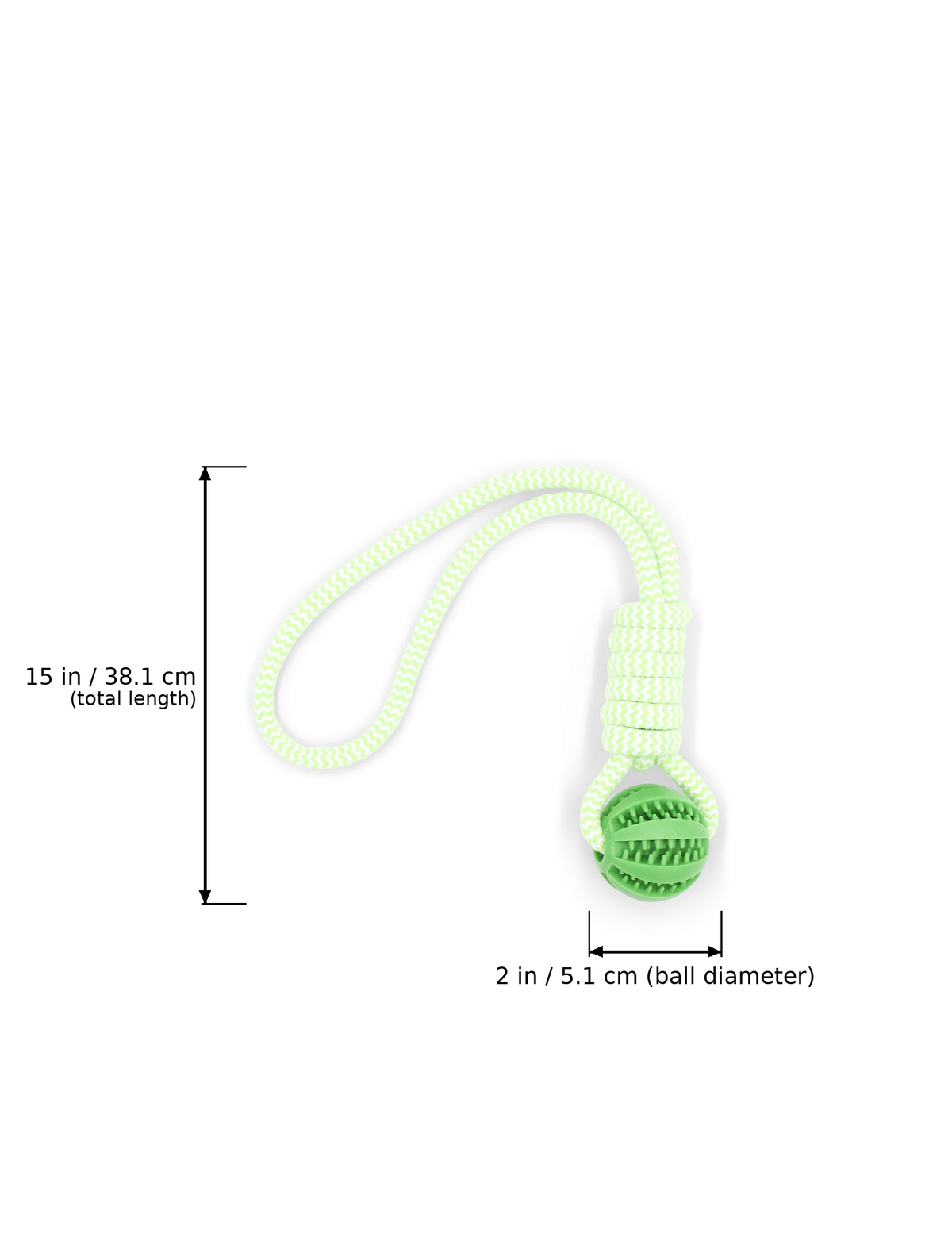 BudgetPaws Rubber Dog Toy in Budget Green with measurement overlay text indicating a total length of 15 in (38.1 cm) and a ball diameter of 2 in (5.1 cm).