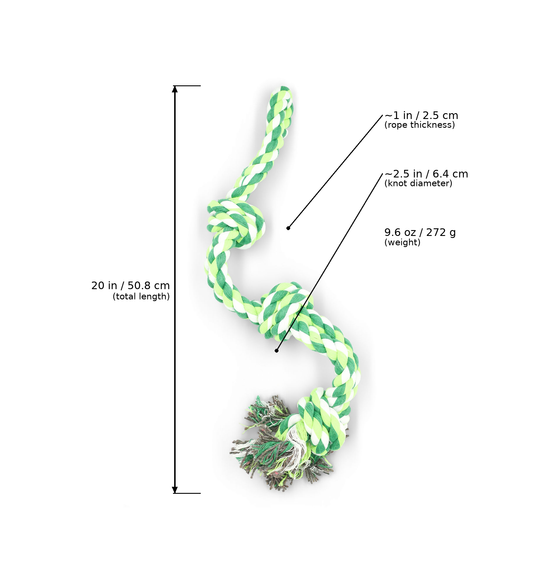 BudgetPaws Heavy-Duty Rope Tug Toy in Budget Green with measurement overlay arrows indicating a total length of 20 in (50.8 cm), rope thickness of ~1 in (2.5 cm), knot diameter of ~2.5 in (6.4 cm), and weight of 9.6 oz (272 g).