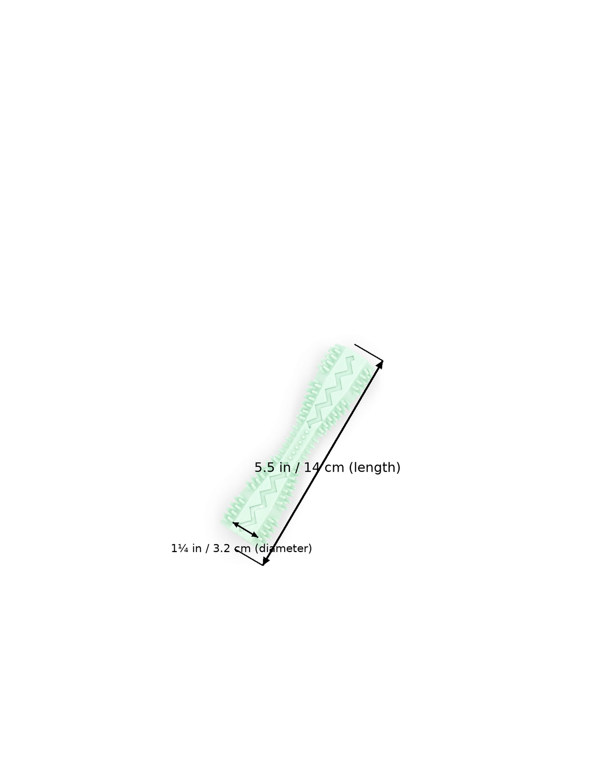 BudgetPaws Dog Toothbrush Toy in Mint Dew featuring measurement overlay text indicating a length of 5.5 in (14 cm) and a diameter at the thickest point of 1¼ in (3.2 cm).