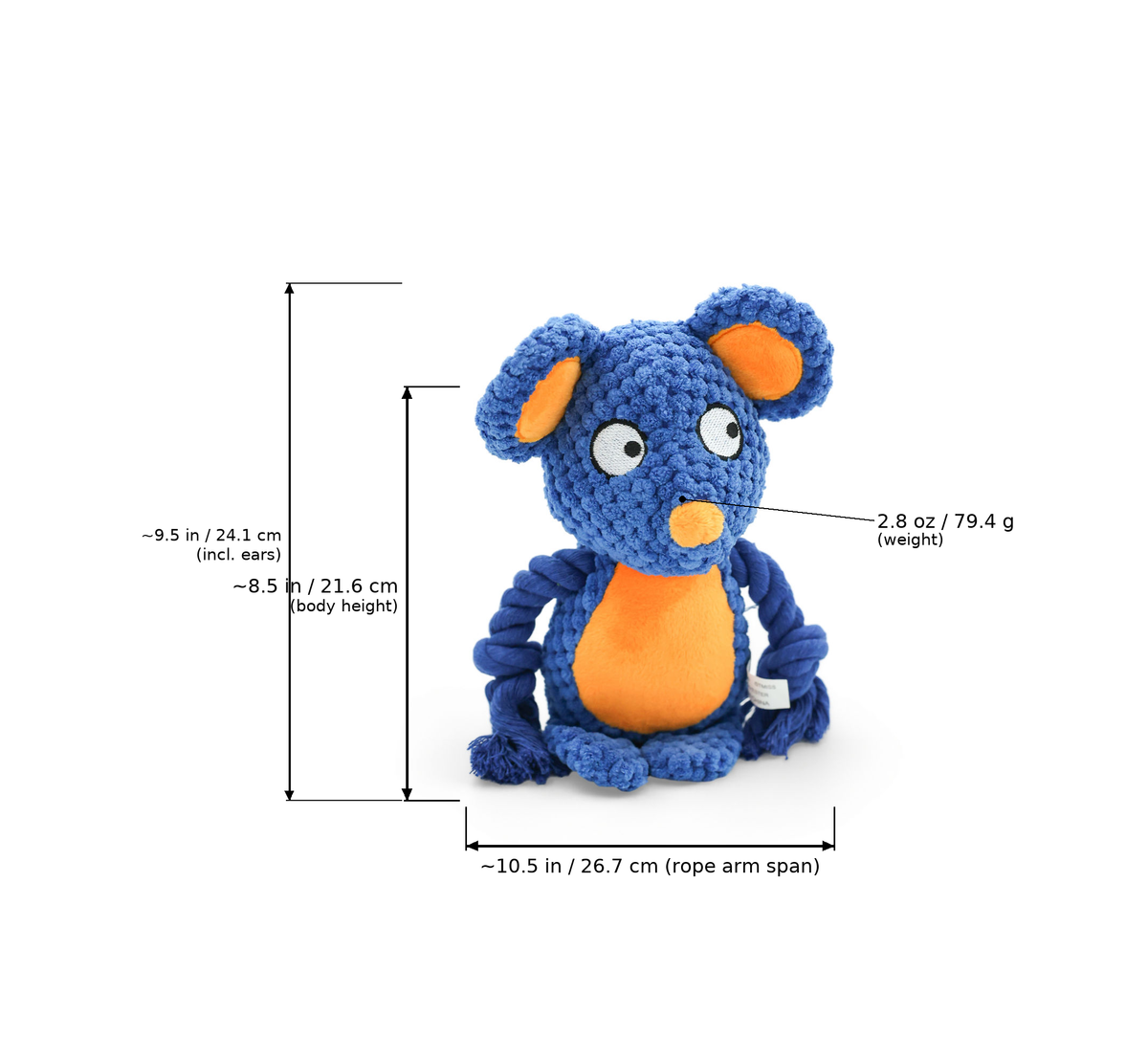 Front view of Pip the Mouse plush dog toy with measurement overlay arrows indicating a height of ~8.5 in / 21.6 cm (~9.5 in / 24.1 cm incl. ears), rope arm span width of ~10.5 in / 26.7 cm, and weight of 2.8 oz / 79.4 g.