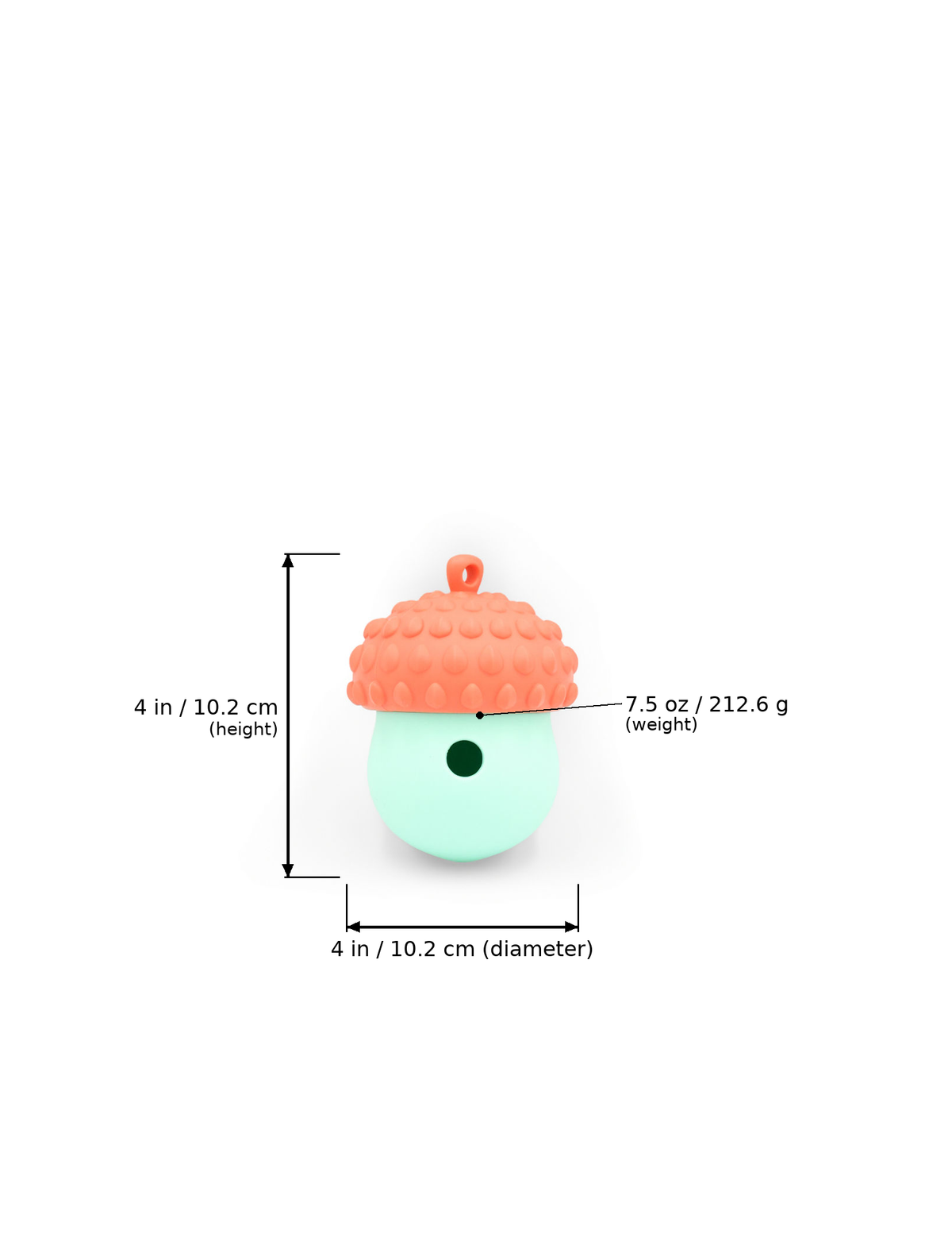 BudgetPaws Acorn Treat Dispensing Cat Toy in Sky Breeze with measurement overlay text indicating a height of 4 in (10.2 cm), a width/diameter of 4 in (10.2 cm), and a weight of 7.5 oz (212.6 g).
