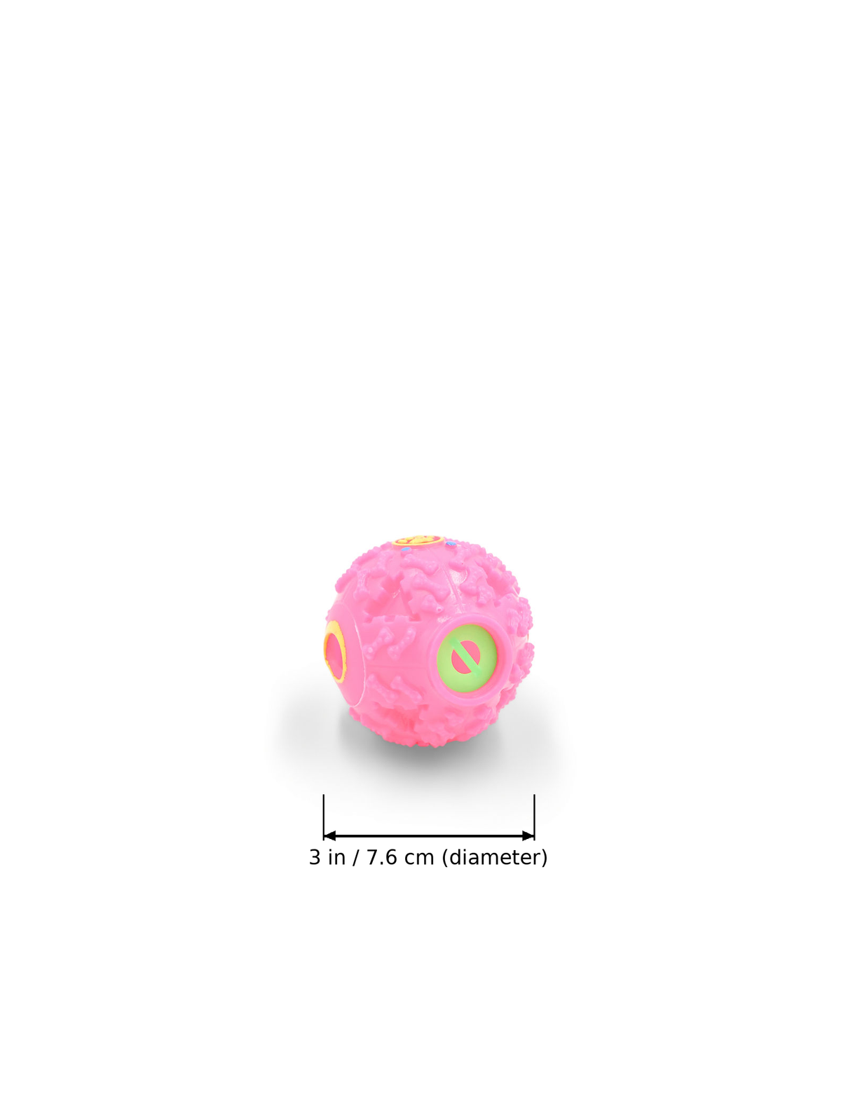 BudgetPaws Treat Dispensing Puzzle Ball for Dogs | Soft Petal (Small) in Soft Petal with measurement overlay text indicating a diameter of 3 in (7.6 cm).