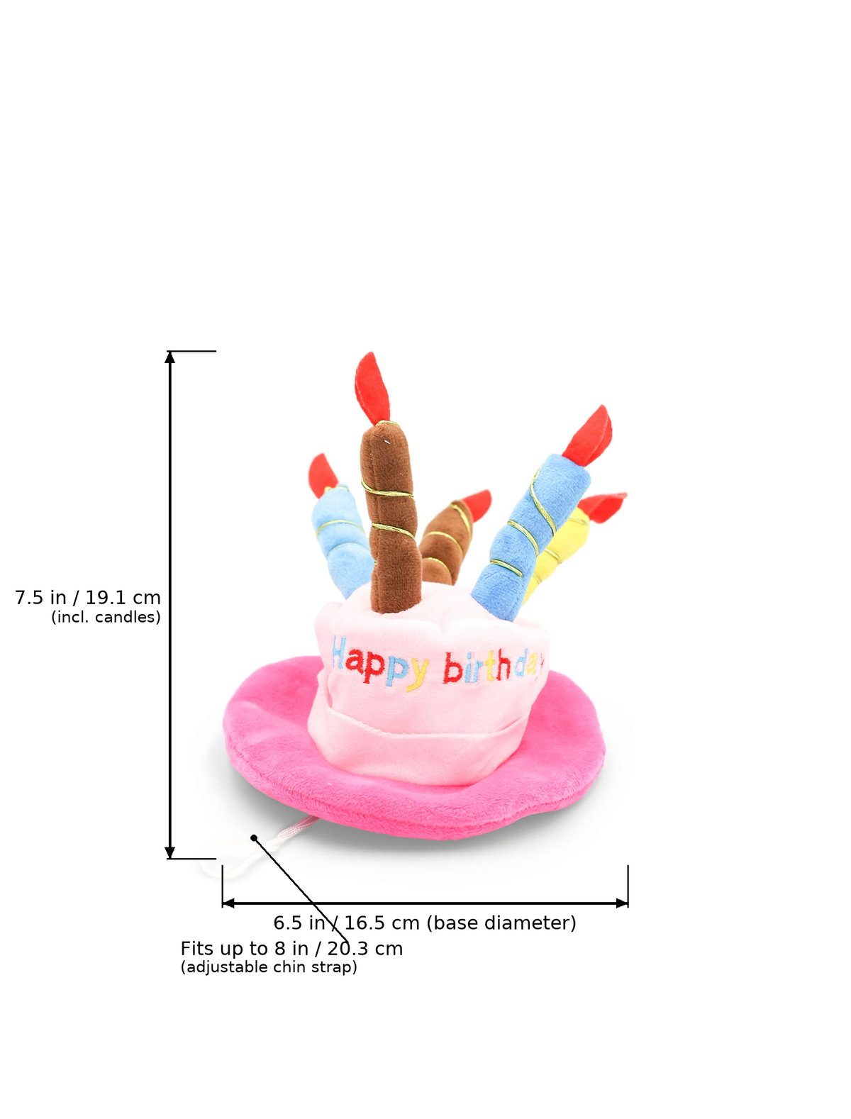 BudgetPaws Birthday Cake Plush Dog Toy | Wild Hibiscus in Wild Hibiscus featuring measurement overlay text indicating a height of 7.5 in (19.1 cm) including candles, a base diameter of 6.5 in (16.5 cm), and an adjustable chin strap fitting up to 8 in (20.3 cm).
