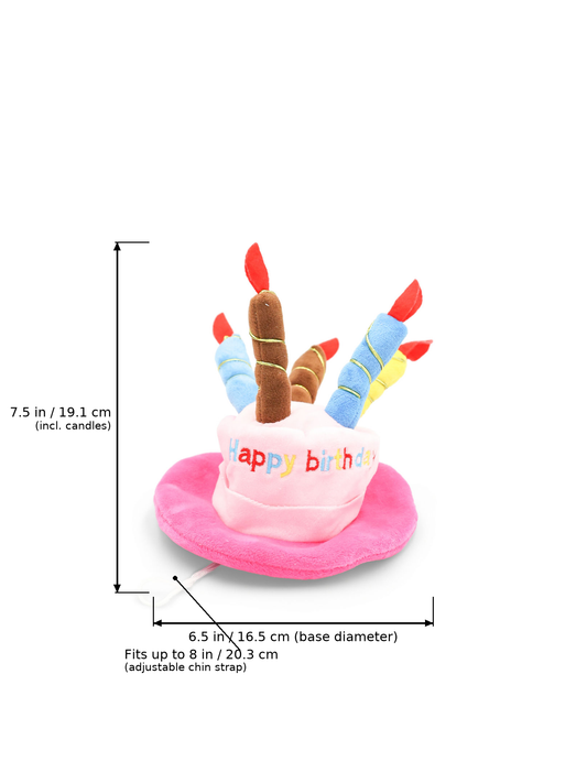BudgetPaws Birthday Cake Plush Dog Toy | Wild Hibiscus in Wild Hibiscus featuring measurement overlay text indicating a height of 7.5 in (19.1 cm) including candles, a base diameter of 6.5 in (16.5 cm), and an adjustable chin strap fitting up to 8 in (20.3 cm).