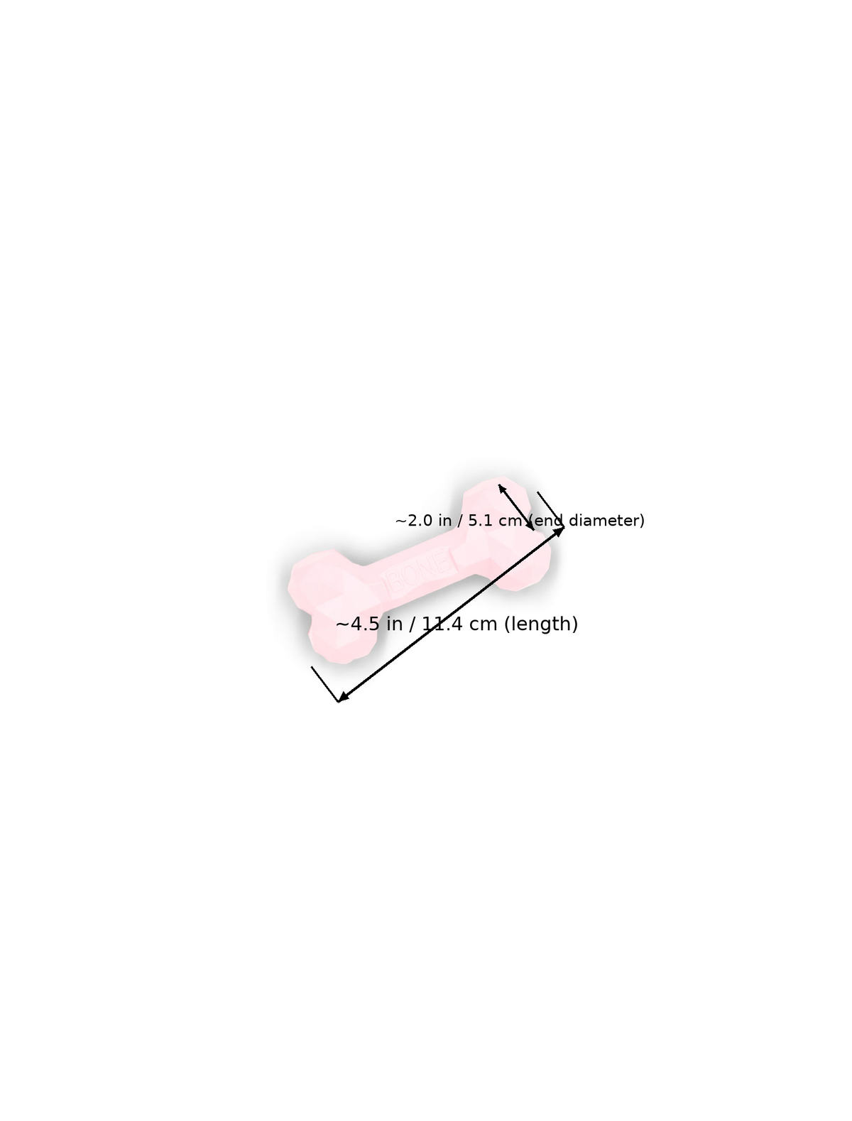 BudgetPaws Treat Dispensing Dog Toy | Soft Petal in Soft Petal with measurement overlay text indicating a length of ~4.5 in (11.4 cm) and an end diameter of ~2.0 in (5.1 cm).