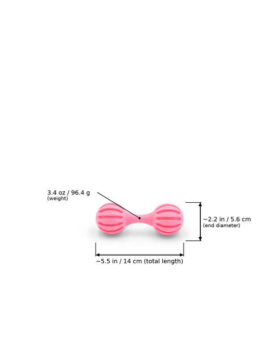 BudgetPaws Chime Barbell Dog Toy | Wild Hibiscus in Wild Hibiscus with measurement overlay text indicating a total length of ~5.5 in / 14 cm, an end diameter of ~2.2 in / 5.6 cm, and a weight of 3.4 oz / 96.4 g.