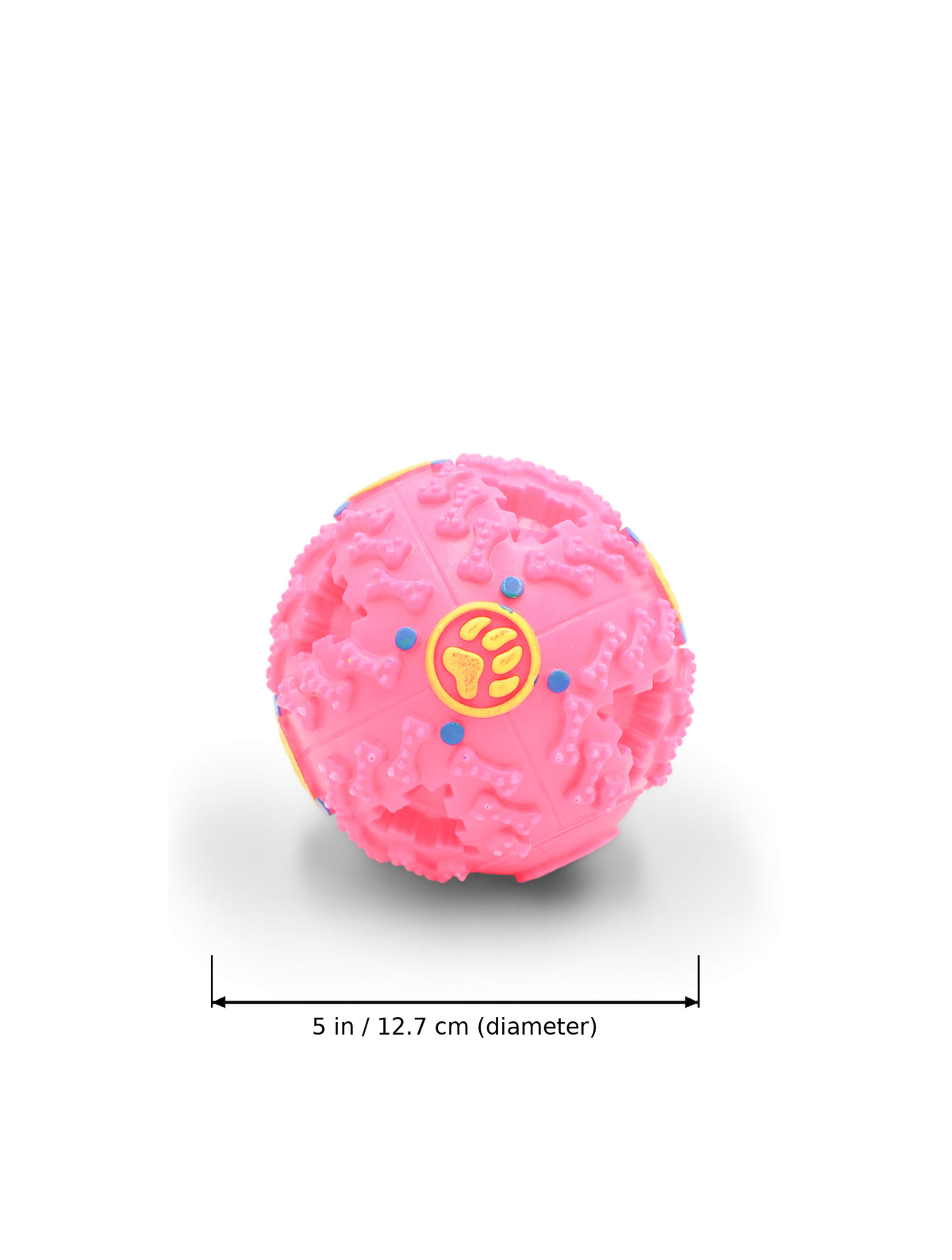 BudgetPaws Treat Dispensing Puzzle Ball for Dogs | Soft Petal (Large) in Soft Petal with measurement overlay text indicating a diameter of ~5 in (~12.7 cm) and a weight of ~4.9 oz (138.9 g).