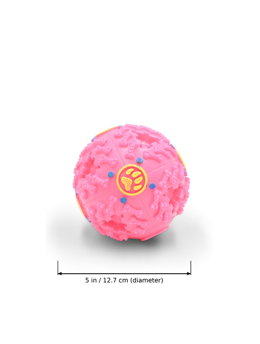 BudgetPaws Treat Dispensing Puzzle Ball for Dogs | Soft Petal (Large) in Soft Petal with measurement overlay text indicating a diameter of ~5 in (~12.7 cm) and a weight of ~4.9 oz (138.9 g).