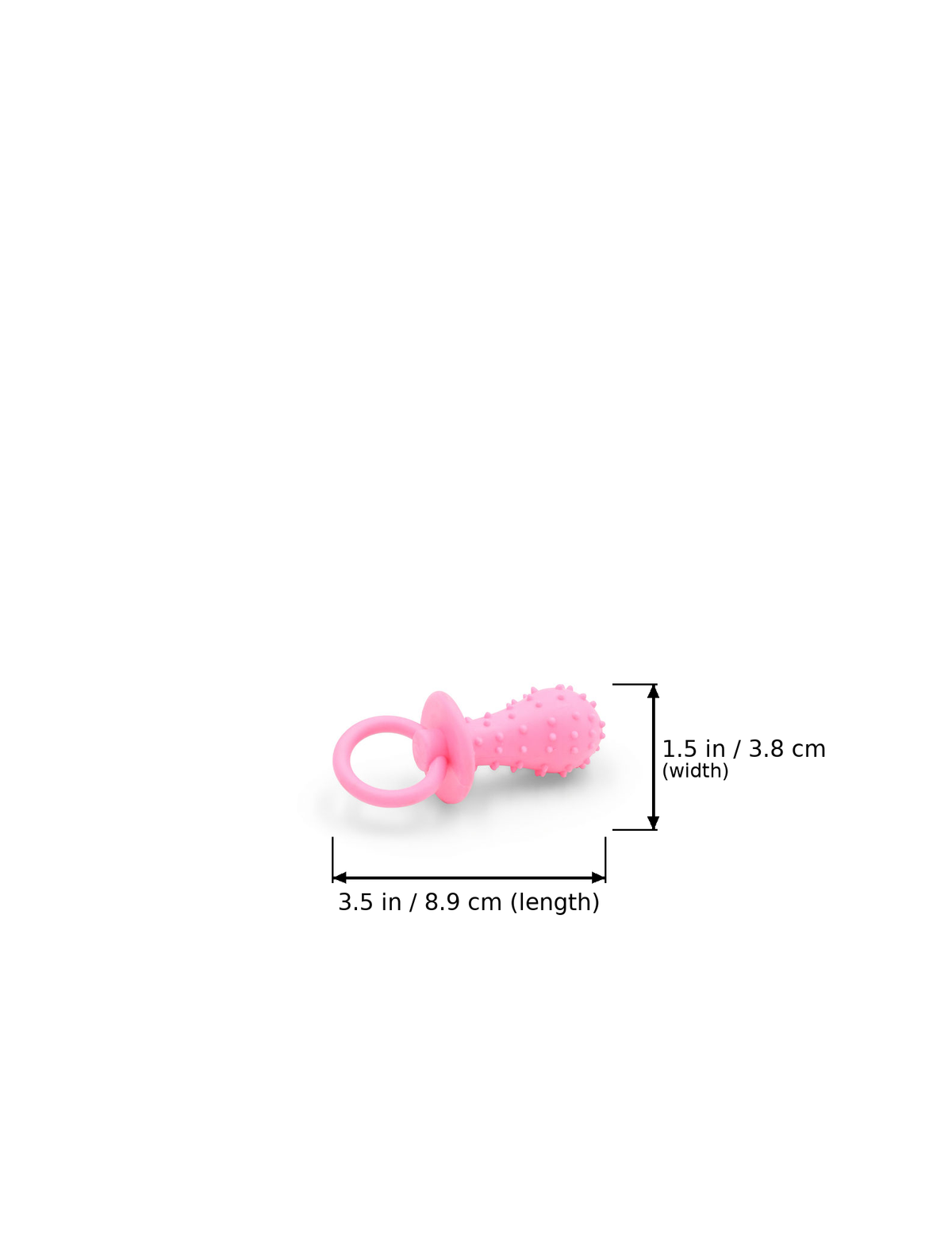 BudgetPaws Rubber Pacifier Dog Toy | Wild Hibiscus in Wild Hibiscus with measurement overlay text indicating a length of 3.5 in / 8.9 cm and a width of 1.5 in / 3.8 cm.