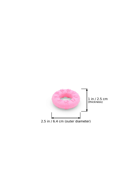 BudgetPaws Rubber Donut Dog Toy | Wild Hibiscus in Wild Hibiscus with measurement overlay text indicating an outer diameter of 2.5 in / 6.4 cm and a thickness of 1 in / 2.5 cm.
