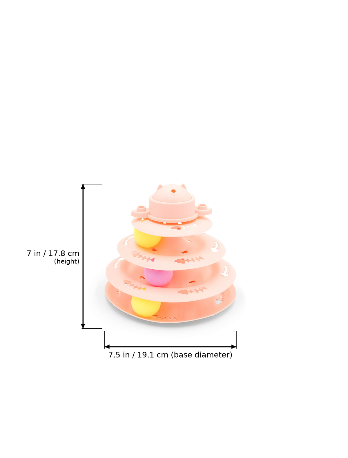 BudgetPaws Interactive Cat Tower Track Toy | Soft Petal in Soft Petal with measurement overlay arrows indicating a height of 7 in / 17.8 cm and a base diameter of 7.5 in / 19.1 cm.