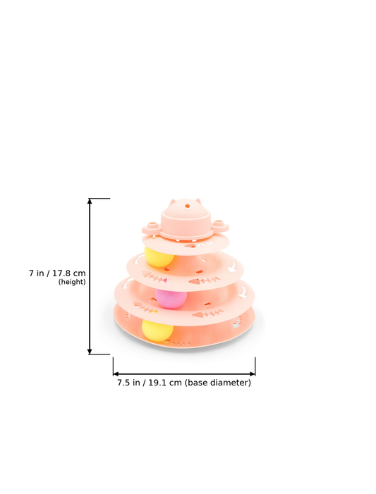 BudgetPaws Interactive Cat Tower Track Toy | Soft Petal in Soft Petal with measurement overlay arrows indicating a height of 7 in / 17.8 cm and a base diameter of 7.5 in / 19.1 cm.