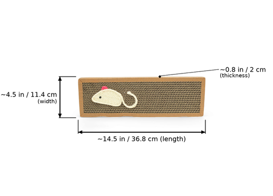 BudgetPaws Sisal Cat Scratch Board | River Clay with a decorative toy mouse feature and measurement overlay arrows indicating a length of ~14.5 in / 36.8 cm, a width of ~4.5 in / 11.4 cm, and a thickness of ~0.8 in / 2 cm.