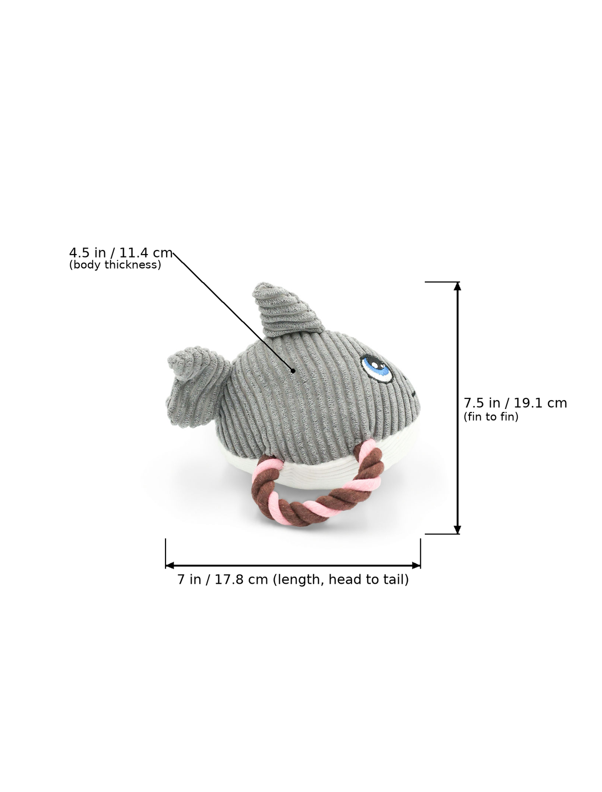 Gray plush shark dog toy with dimensions overlaid: 7 inches (17.8 cm) length from head to tail, 7.5 inches (19.1 cm) width fin to fin, and 4.5 inches (11.4 cm) body thickness.