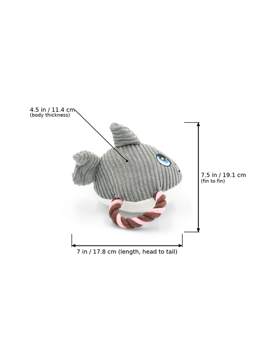 Gray plush shark dog toy with dimensions overlaid: 7 inches (17.8 cm) length from head to tail, 7.5 inches (19.1 cm) width fin to fin, and 4.5 inches (11.4 cm) body thickness.