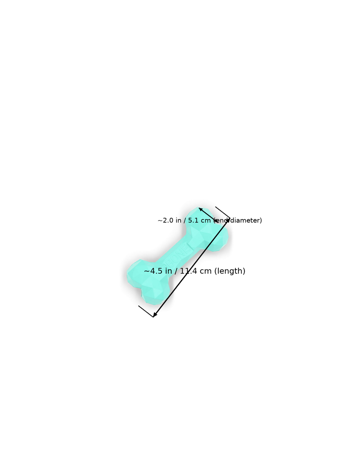 Teal bone-shaped treat-dispensing dog toy with dimensions overlaid: ~4.5 in / 11.4 cm (length) and ~2.0 in / 5.1 cm (end diameter).