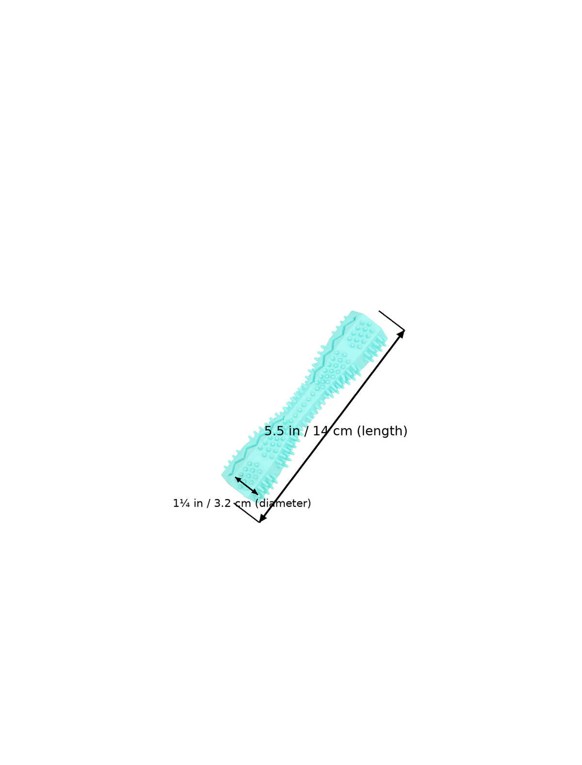 Sky breeze teal stick chew dog toothbrush toy with dimensions overlaid: 5.5 in / 14 cm (length) and 1¼ in / 3.2 cm (diameter).