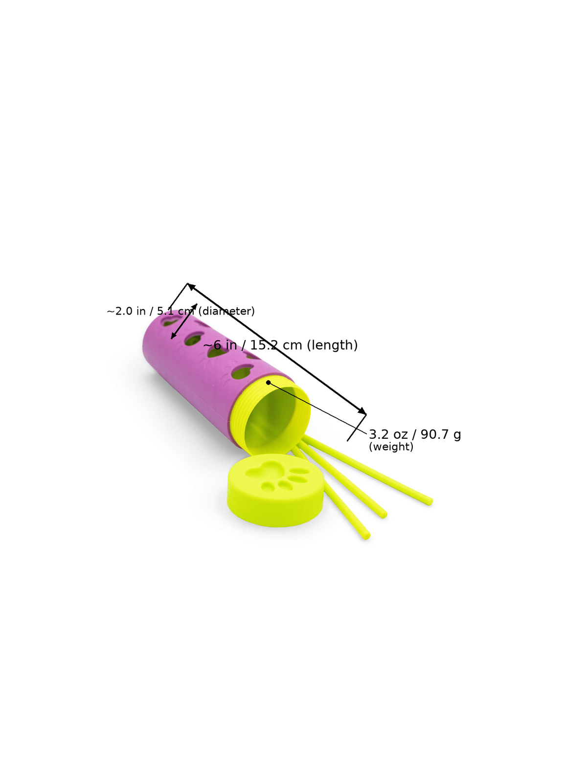 Purple and yellow treat-dispensing roller dog toy with dimensions overlaid: ~2.0 in / 5.1 cm (diameter), ~6 in / 15.2 cm (length), and 3.2 oz / 90.7 g (weight).