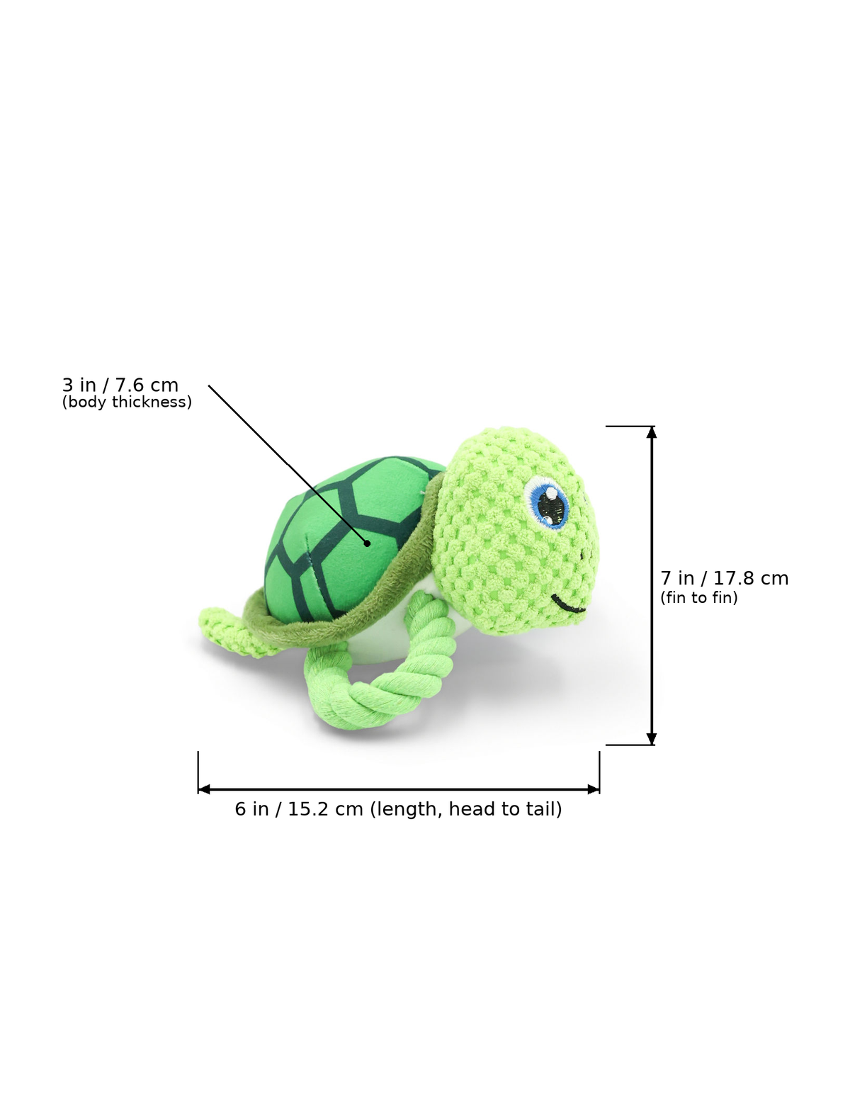 Green plush turtle dog toy with rope legs and dimensions overlaid: 6 in / 15.2 cm (length, head to tail), 7 in / 17.8 cm (fin to fin), and 3 in / 7.6 cm (body thickness).