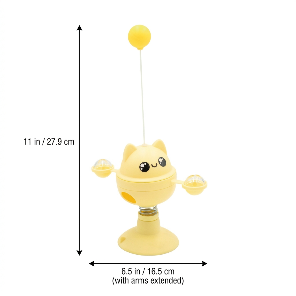 Sunflower yellow suction cup rotating cat toy with spring ball teaser and dimensions overlaid: 11 in / 27.9 cm height and 6.5 in / 16.5 cm width (with arms extended).