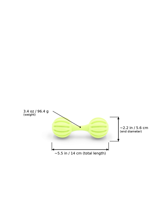 Budget green chime barbell dog toy with dimensions overlaid: ~5.5 in / 14 cm total length, ~2.2 in / 5.6 cm bell/end diameter, and 3.4 oz / 96.4 g weight.