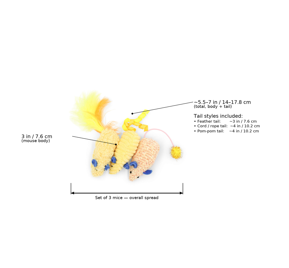 Sunflower yellow 3-pack plush mouse cat toy set with dimensions overlaid: 3 in / 7.6 cm (mouse body), ~5.5–7 in / 14–17.8 cm (total length with tail), with tail styles including feather (~3 in / 7.6 cm), cord/rope (~4 in / 10.2 cm), and pom-pom (~4 in / 10.2 cm).