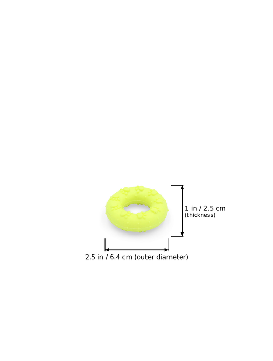 Yellow rubber donut dog toy with dimensions overlaid: 2.5 in / 6.4 cm (outer diameter) and 1 in / 2.5 cm (thickness).