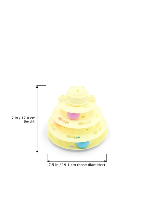 Sunflower yellow 3-tier cat track tower toy with rolling balls and dimensions overlaid: 7 in / 17.8 cm (height) and 7.5 in / 19.1 cm (base diameter).